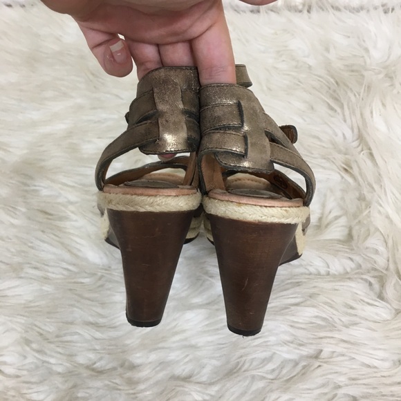 Leather Peep Toe Wooden Espadrille Fossil Wedges - Picture 6 of 8